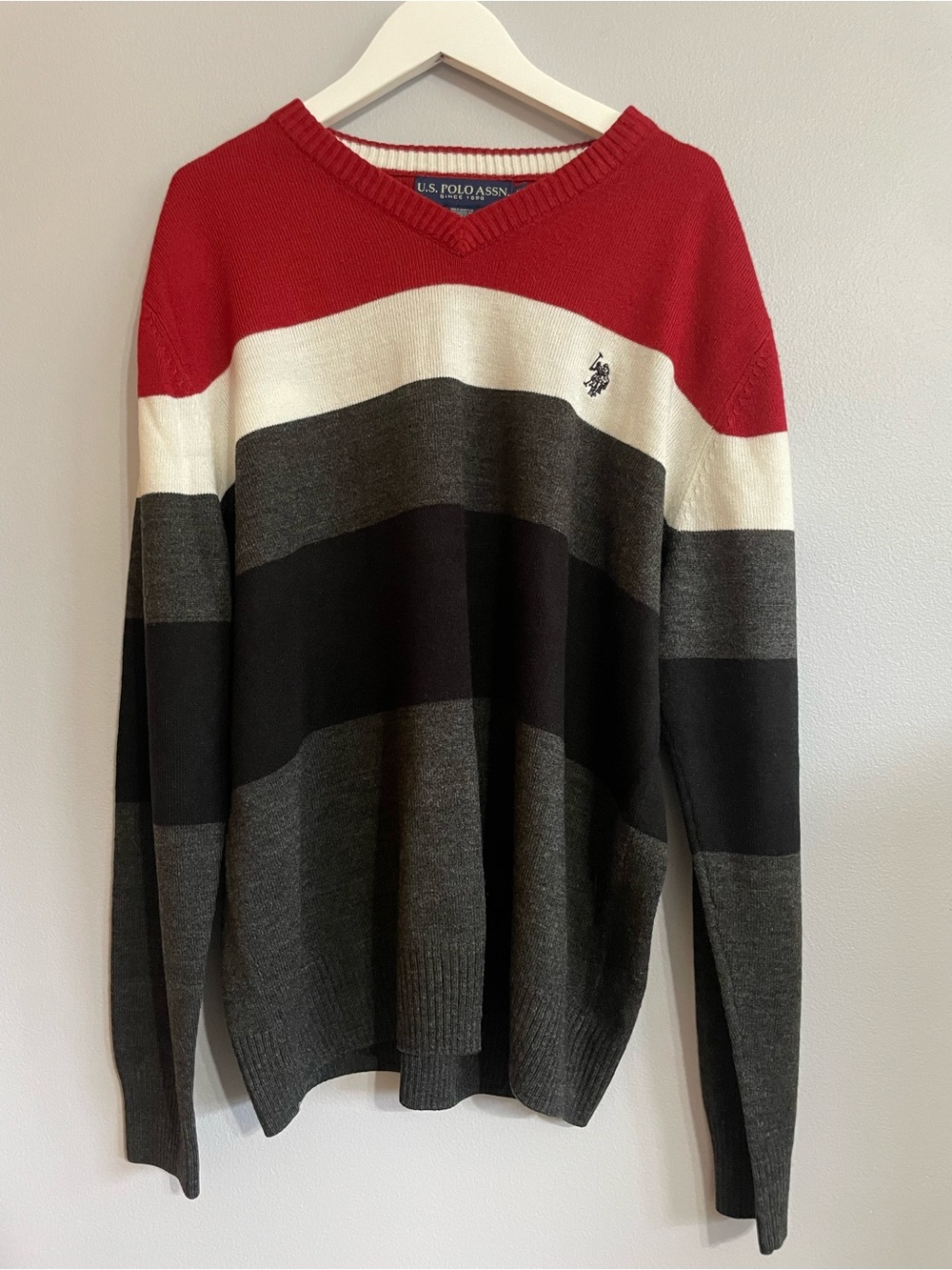 U.S. Polo Assn. Men’s Red, White & Gray Striped V-Neck Sweater